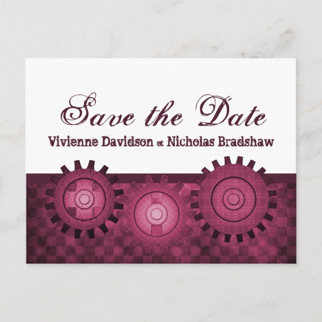 Steampunk Gears Save the Date Postcard, Fuchsia Announcement Postcard (Front)