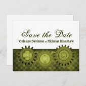 Steampunk Gears Save the Date Postcard, Green Announcement Postcard (Front/Back)