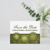 Steampunk Gears Save the Date Postcard, Green Announcement Postcard (Standing Front)