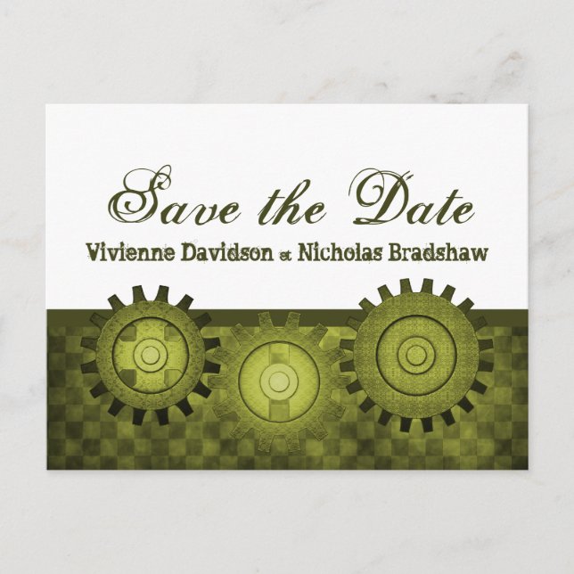 Steampunk Gears Save the Date Postcard, Green Announcement Postcard (Front)
