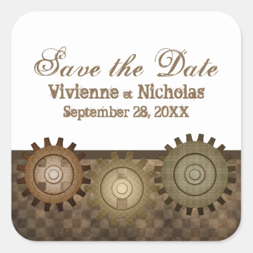Steampunk Gears Save the Date Stickers Brown Square Sticker