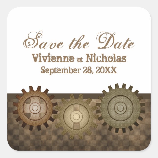 Steampunk Gears Save the Date Stickers, Brown Square Sticker (Front)