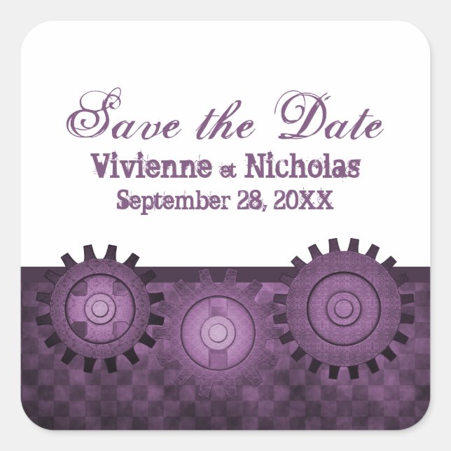 Steampunk Gears Save the Date Stickers, Purple Square Sticker (Front)