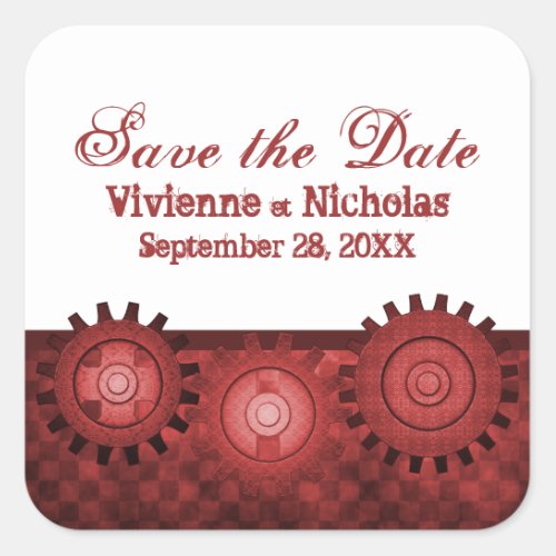 Steampunk Gears Save the Date Stickers Red Square Sticker