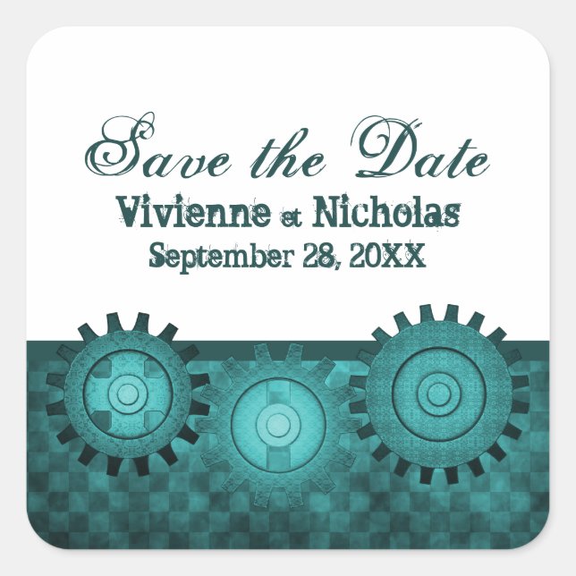 Steampunk Gears Save the Date Stickers, Teal Square Sticker (Front)