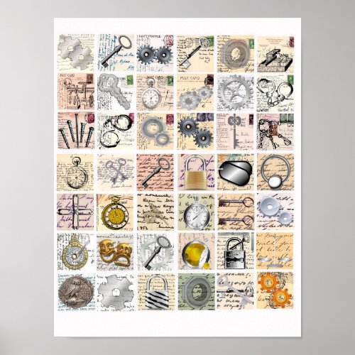 Steampunk Gears Skeleton Key Postcards Art Collage Poster