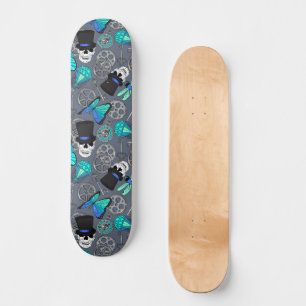 Steampunk Gears Skulls and Butterflies Gray Skateboard