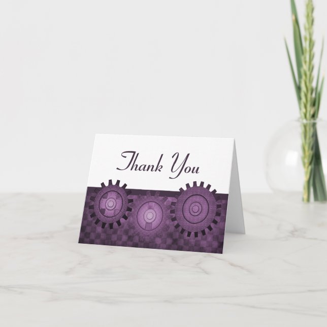 Steampunk Gears Thank You Card, Purple (Front)