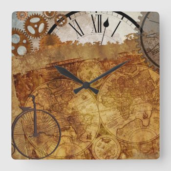 Steampunk Gears Vintage Bicycle Map Square Wall Clock by PartyPrep at Zazzle