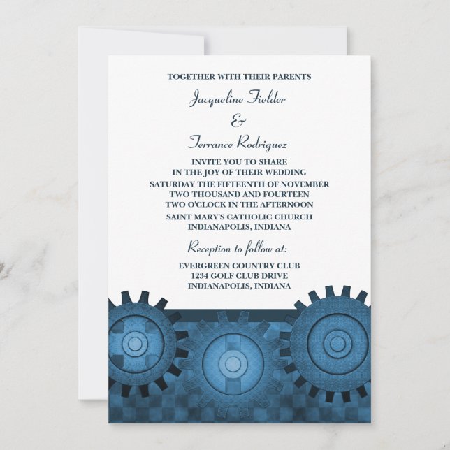 Steampunk Gears Wedding Invite, Blue Invitation (Front)