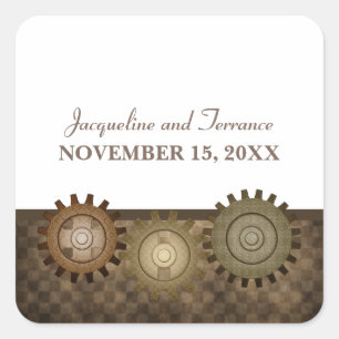 Steampunk Gears Wedding Stickers, Brown Square Sticker