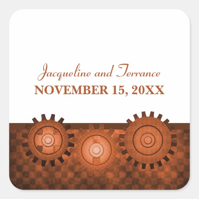 Steampunk Gears Wedding Stickers, Orange Square Sticker (Front)