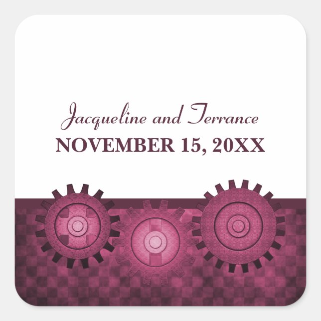 Steampunk Gears Wedding Stickers, Pink Square Sticker (Front)