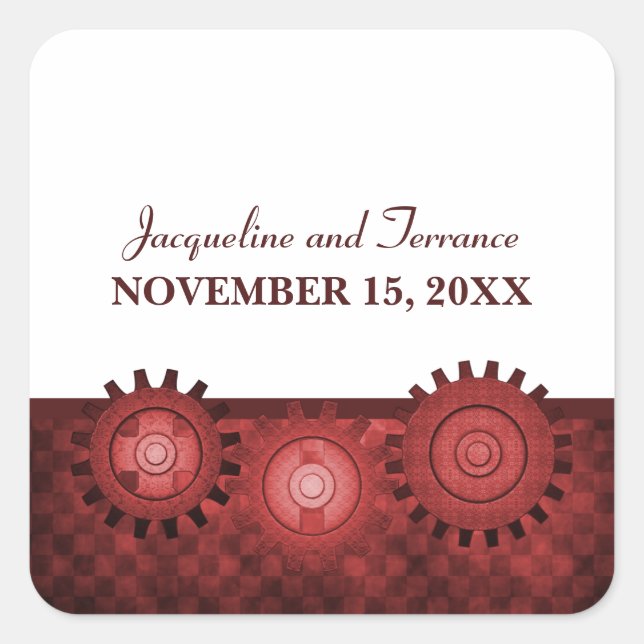 Steampunk Gears Wedding Stickers, Red Square Sticker (Front)