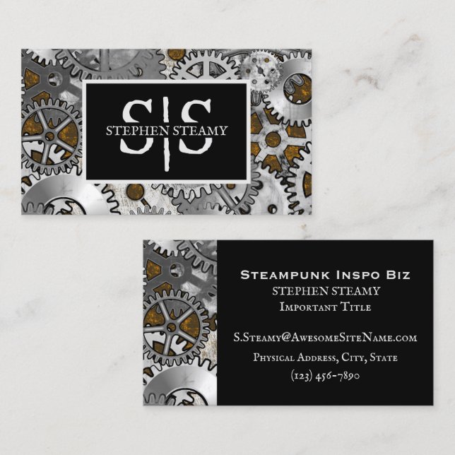 Steampunk Gearwork Silver Grunge Brown Burnout Business Card (Front/Back)