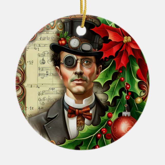 Steampunk Gentleman Christmas Ceramic Ornament (Front)