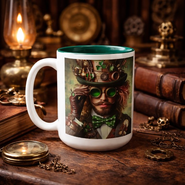Steampunk Gentleman Green Goggles Art Two-Tone Coffee Mug (Creator Uploaded)