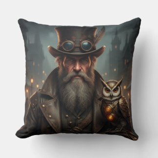 Steampunk Gentleman with owl Throw Pillow