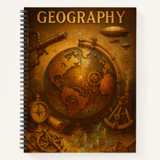 Steampunk Geography. Vintage Globe, Compass & Map Notebook