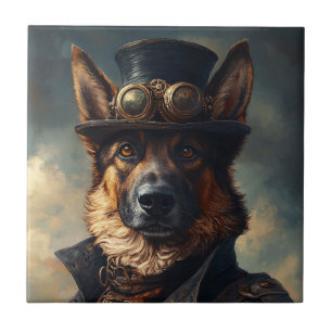 Steampunk German Shepherd Dog in Top Hat Ceramic Tile