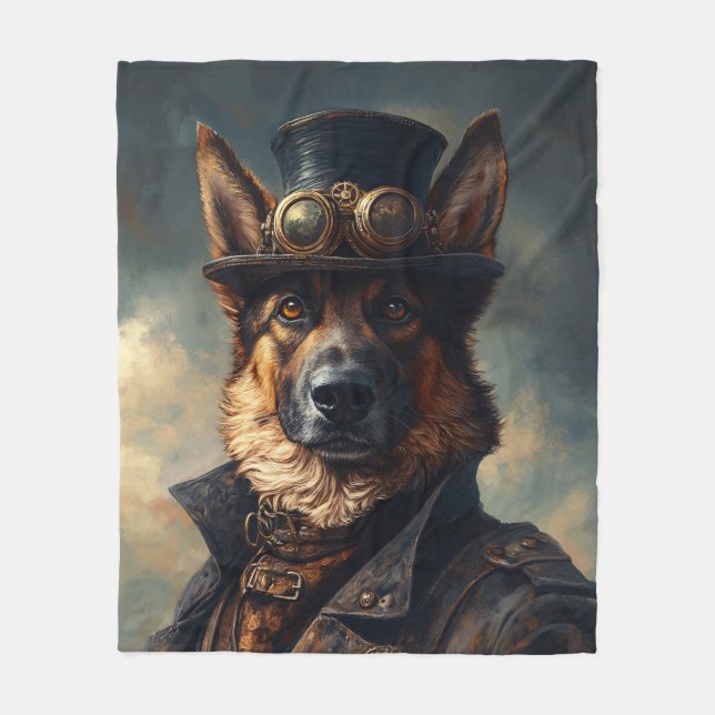 Steampunk German Shepherd Dog in Top Hat Fleece Blanket (Front)