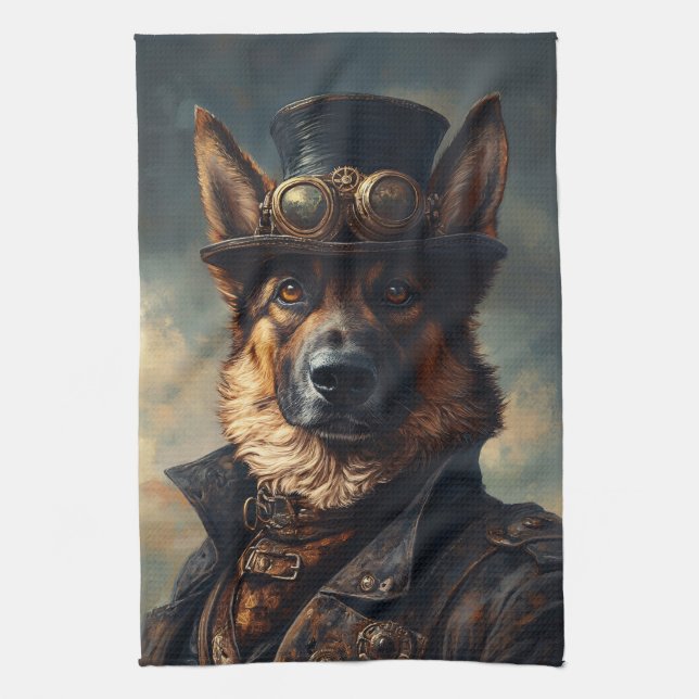 Steampunk German Shepherd Dog in Top Hat Kitchen Towel (Vertical)