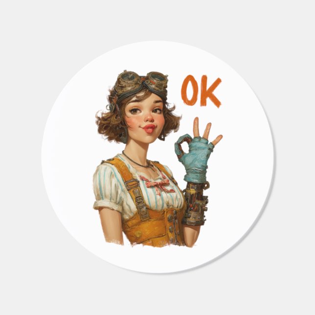 Steampunk Girl Confident OK Gesture Classic Round Sticker (Single)