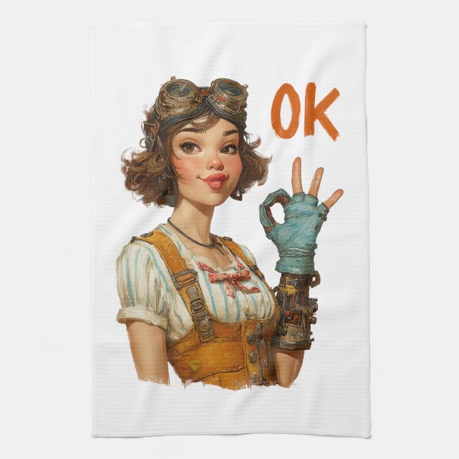 Steampunk Girl Confident OK Gesture Kitchen Towel (Vertical)