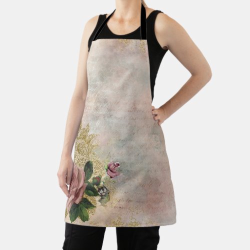 Steampunk Glam  Pink and Gold Rose Rustic Floral Apron