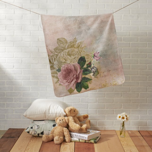 Steampunk Glam | Pink and Gold Rose Rustic Floral Baby Blanket (In Situ)