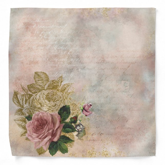 Steampunk Glam | Pink and Gold Rose Rustic Floral Bandana (Front)
