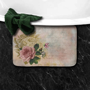 Steampunk Glam Pink and Gold Rose Rustic Floral Bath Mat