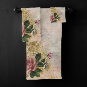 Steampunk Glam Pink and Gold Rose Rustic Floral Bath Towel Set