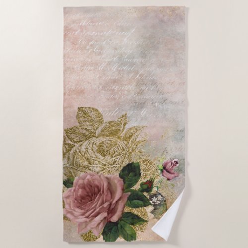 Steampunk Glam  Pink and Gold Rose Rustic Floral Beach Towel