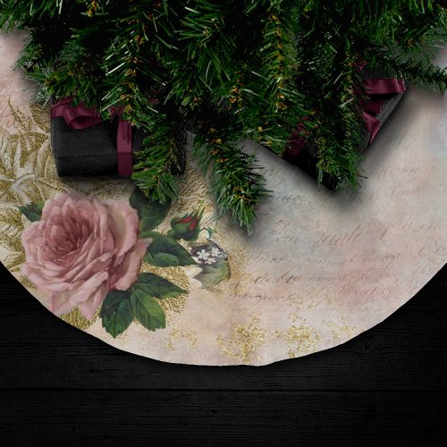 Steampunk Glam  Pink and Gold Rose Rustic Floral Brushed Polyester Tree Skirt