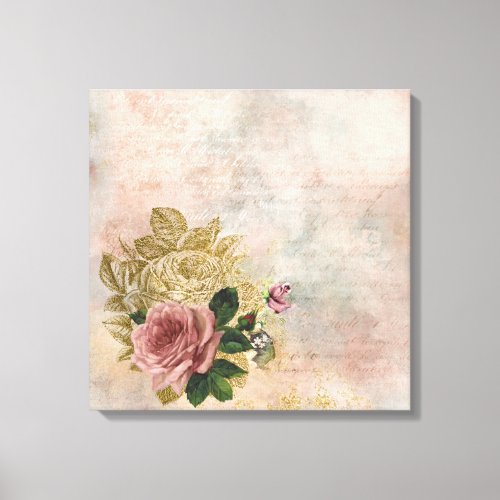 Steampunk Glam  Pink and Gold Rose Rustic Floral Canvas Print