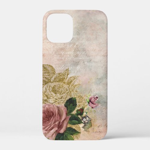 Steampunk Glam  Pink and Gold Rose Rustic Floral iPhone 12 Mini Case