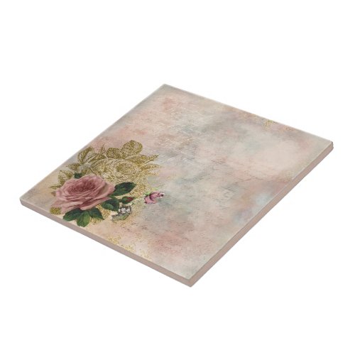 Steampunk Glam  Pink and Gold Rose Rustic Floral Ceramic Tile
