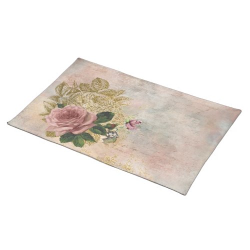 Steampunk Glam  Pink and Gold Rose Rustic Floral Cloth Placemat