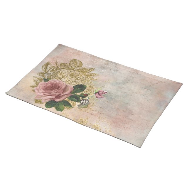 Steampunk Glam | Pink and Gold Rose Rustic Floral Cloth Placemat (On Table)