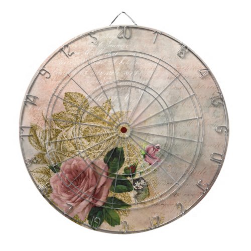 Steampunk Glam  Pink and Gold Rose Rustic Floral Dart Board