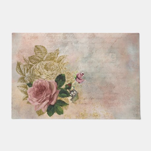 Steampunk Glam  Pink and Gold Rose Rustic Floral Doormat