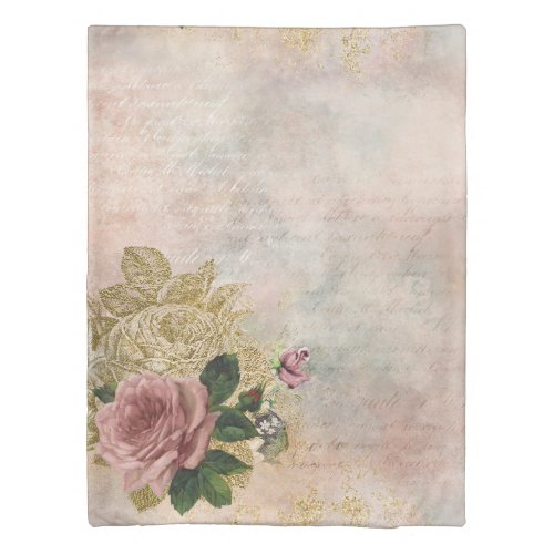 Steampunk Glam  Pink and Gold Rose Rustic Floral Duvet Cover