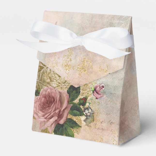 Steampunk Glam | Pink and Gold Rose Rustic Floral Favor Boxes (Front Side)