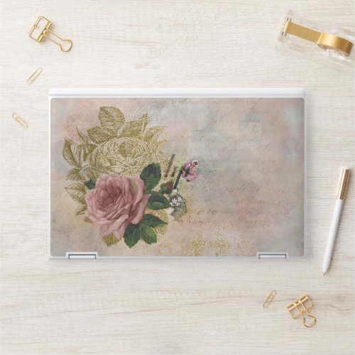 Steampunk Glam  Pink and Gold Rose Rustic Floral HP Laptop Skin