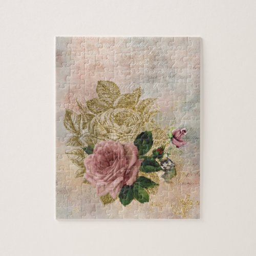 Steampunk Glam  Pink and Gold Rose Rustic Floral Jigsaw Puzzle