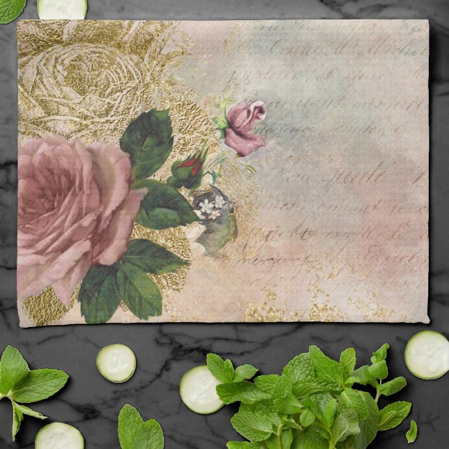 Steampunk Glam | Pink and Gold Rose Rustic Floral Kitchen Towel (Creator Uploaded)