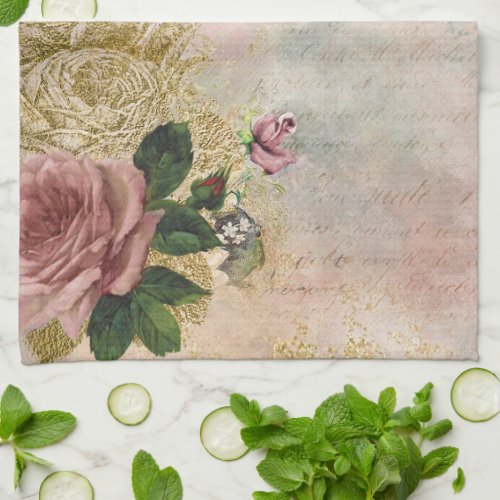 Steampunk Glam  Pink and Gold Rose Rustic Floral Kitchen Towel