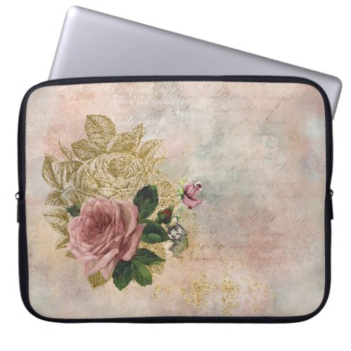Steampunk Glam  Pink and Gold Rose Rustic Floral Laptop Sleeve