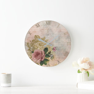 Steampunk Glam   Pink and Gold Rose Rustic Floral Large Clock
